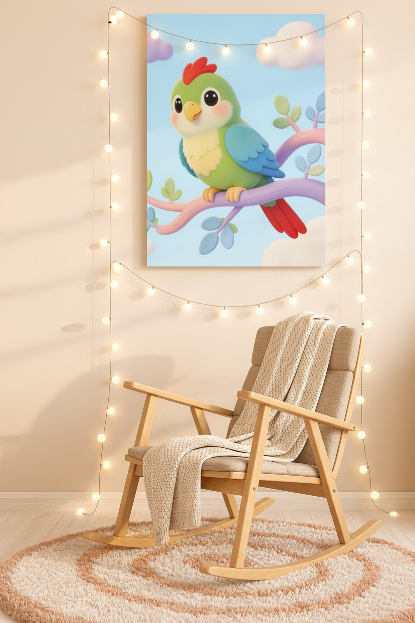 Cute parrot nursery canvas wall art above a rocking chair in a cozy nursery reading nook - Portugal Canvas Co