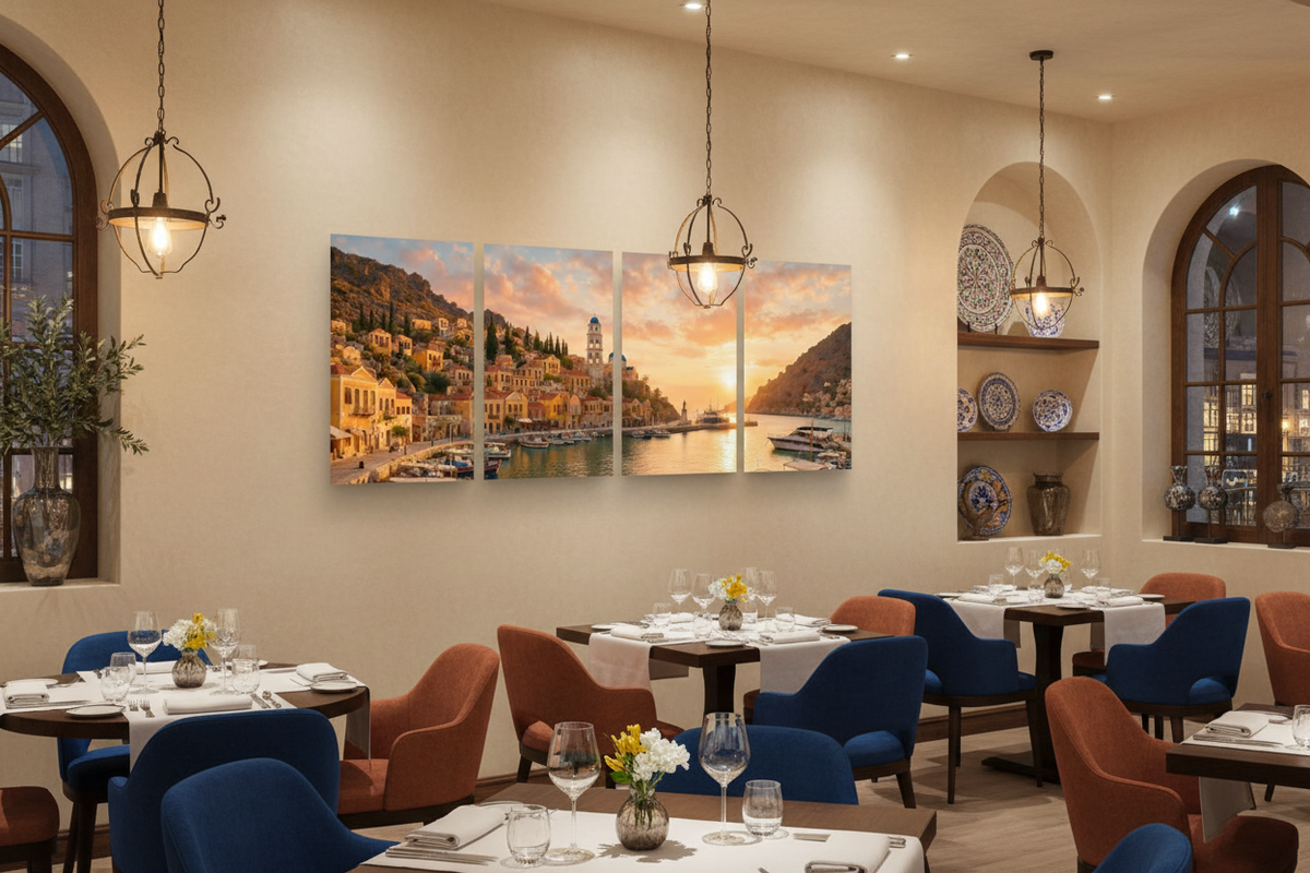 Symi Harbour Sunset four-panel canvas wall art displayed in an upscale restaurant interior with warm ambient lighting and elegant dining tables - Portugal Canvas Co