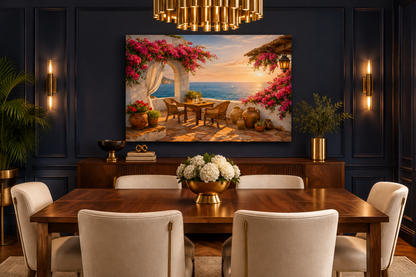 Bougainvillea seaside terrace landscape canvas in a navy Art Deco dining room with brass lighting - Portugal Canvas Co