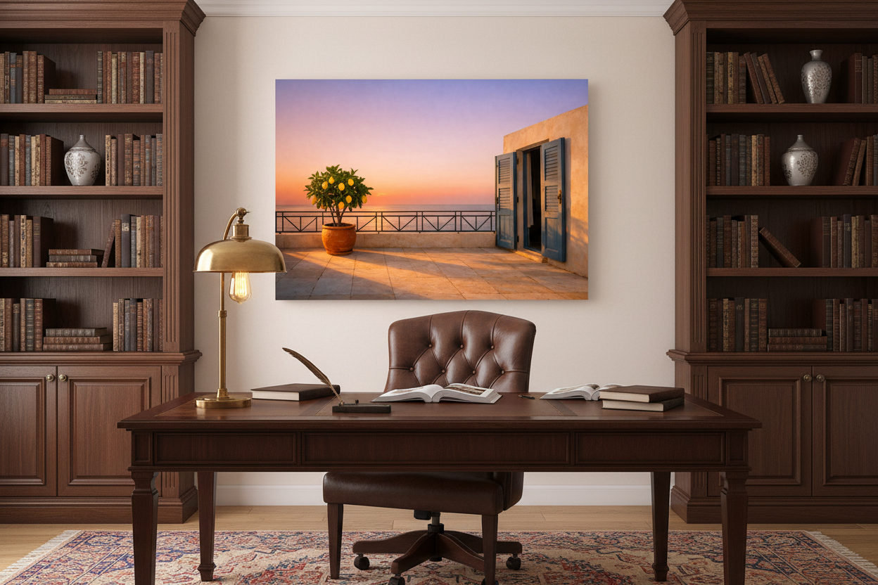 Mediterranean terrace with lemon tree and blue shutters at sunset canvas wall art displayed in an elegant home study with dark wood bookshelves and warm lighting - Portugal Canvas Co