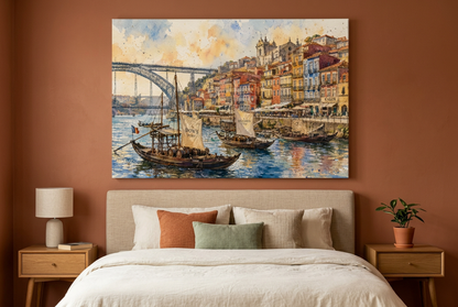 Porto Ribeira waterfront and boats canvas above a linen bed in a terracotta bedroom - Portugal Canvas Co