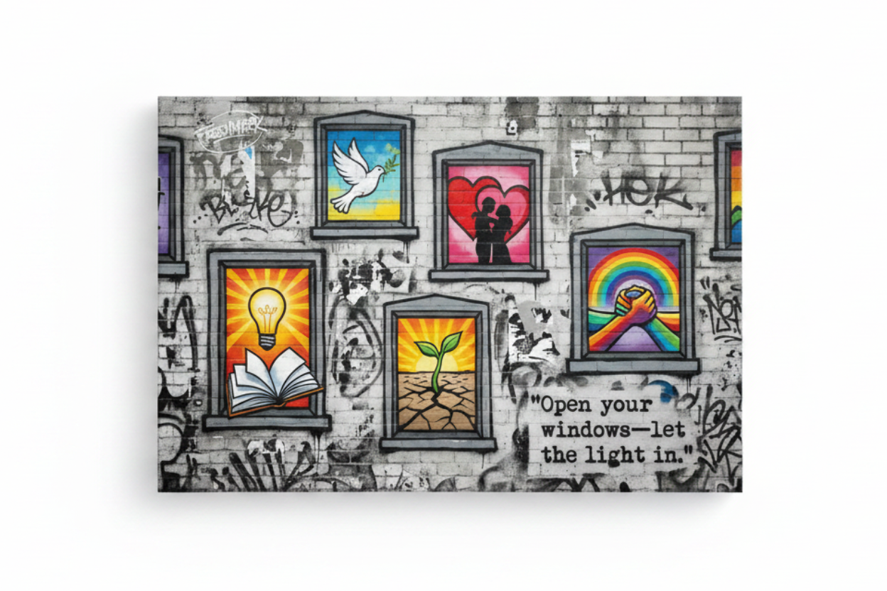 Banksy style street art canvas of colourful windows on grey brick wall with dove couple rainbow lightbulb and plant flat lay on white background - Portugal Canvas Co