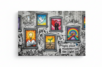 Banksy style street art canvas of colourful windows on grey brick wall with dove couple rainbow lightbulb and plant flat lay on white background - Portugal Canvas Co