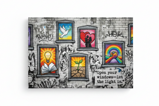 Banksy style street art canvas of colourful windows on grey brick wall with dove couple rainbow lightbulb and plant flat lay on white background - Portugal Canvas Co