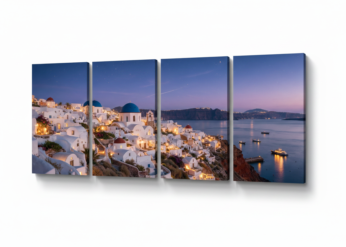 Santorini at night four-panel canvas wall art on white background - Portugal Canvas Co