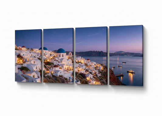 Santorini at night four-panel canvas wall art on white background - Portugal Canvas Co