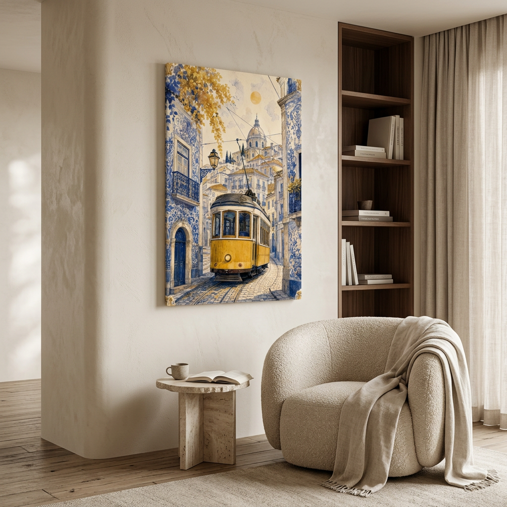 Yellow Lisbon tram canvas with blue azulejo buildings in a luxury neutral reading lounge - Portugal Canvas Co