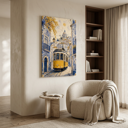Yellow Lisbon tram canvas with blue azulejo buildings in a luxury neutral reading lounge - Portugal Canvas Co