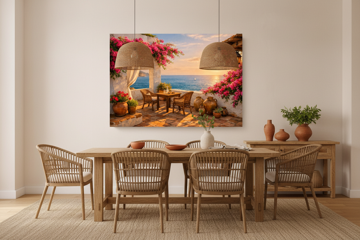 Seaside terrace with bougainvillea and ceramic jugs canvas wall art displayed in an elegant dining room with wooden table and rattan chairs - Portugal Canvas Co