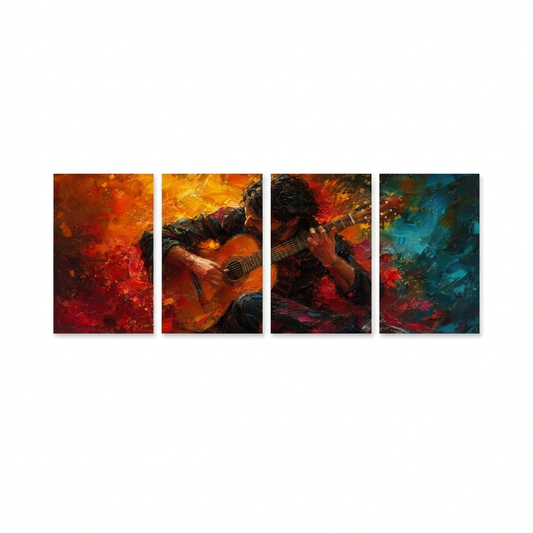 Four-panel colourful guitarist canvas artwork on a clean white background - Portugal Canvas Co