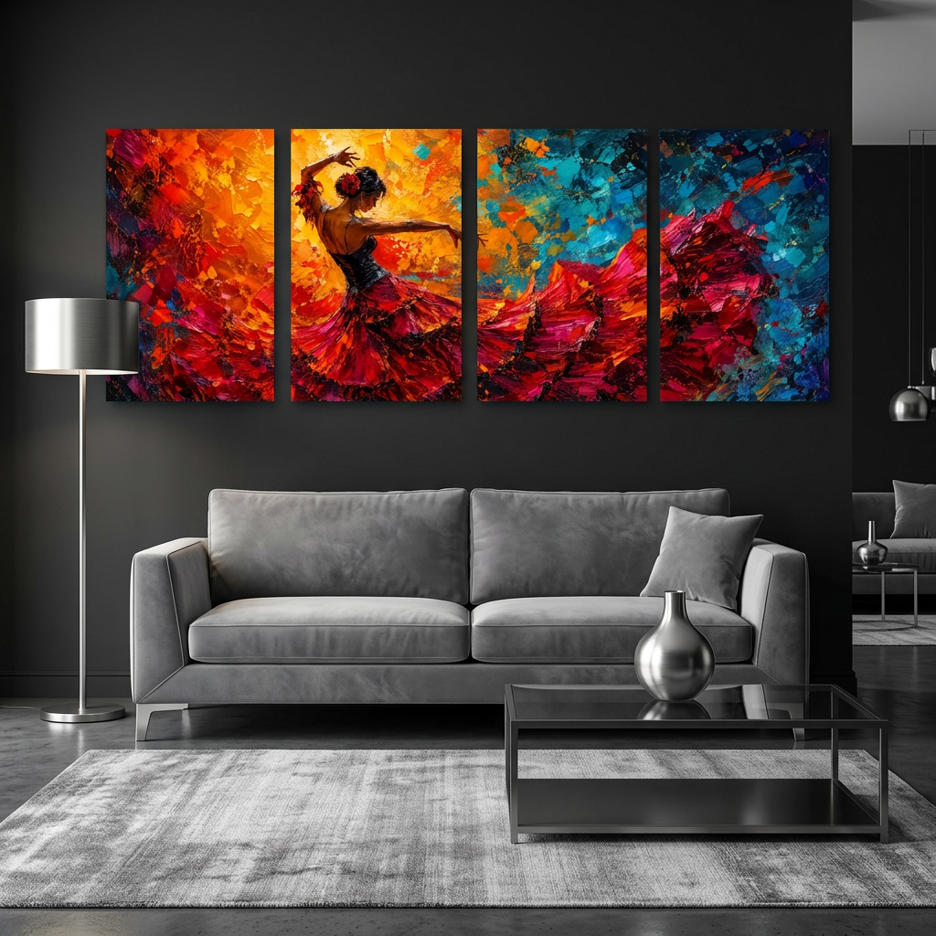 Four-panel flamenco dancer canvas artwork above a grey sofa in a charcoal lounge with silver accents - Portugal Canvas Co