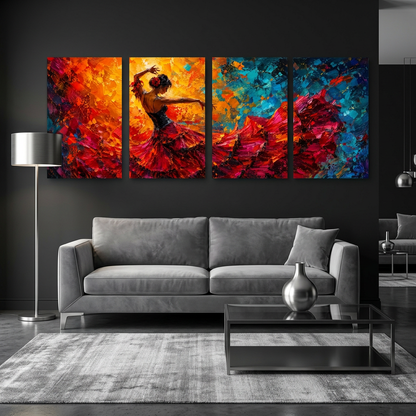 Four-panel flamenco dancer canvas artwork above a grey sofa in a charcoal lounge with silver accents - Portugal Canvas Co