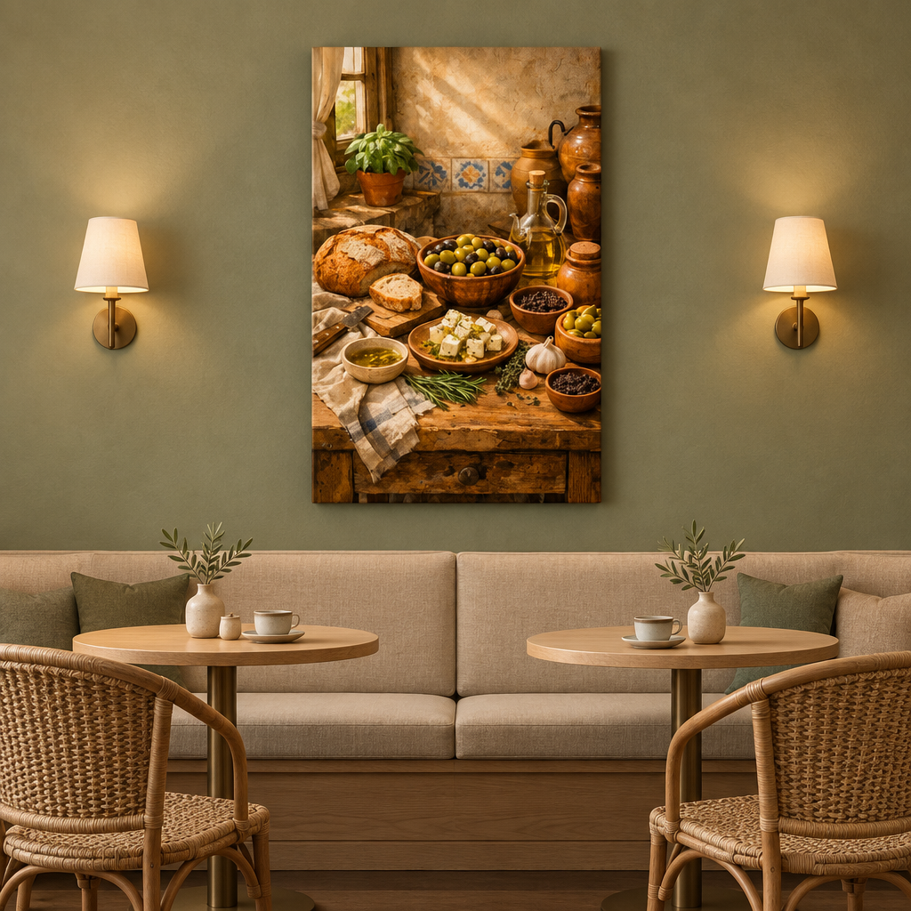 Mediterranean food still-life canvas in a sage green cafe seating area with woven chairs and wall lamps - Portugal Canvas Co