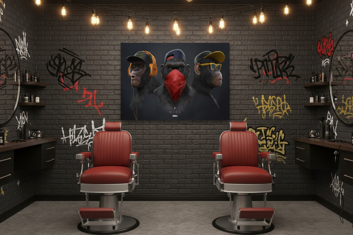 Three wise swag monkeys canvas print displayed in a trendy barbershop interior with dark walls and warm Edison bulb lighting - Portugal Canvas Co
