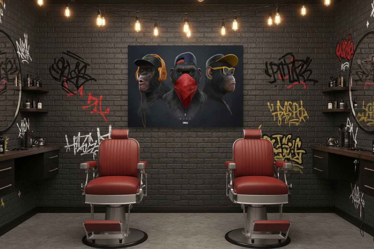 Three wise swag monkeys canvas print displayed in a trendy barbershop interior with dark walls and warm Edison bulb lighting - Portugal Canvas Co