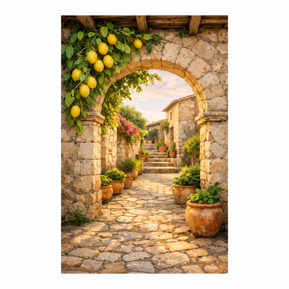 Portrait lemon and stone archway canvas artwork on a pure white background - Portugal Canvas Co