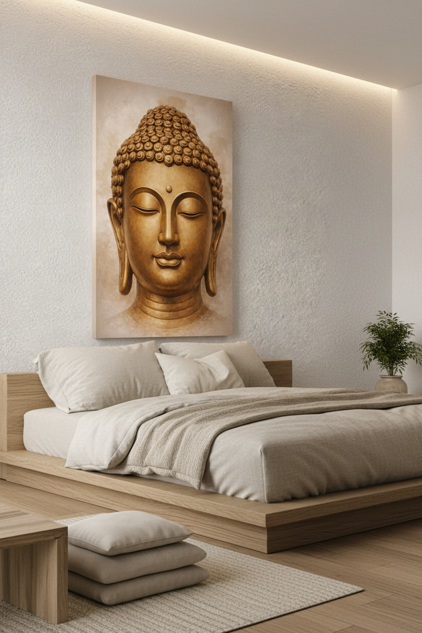 Golden Buddha face portrait canvas wall art above a Japanese-style platform bed in a serene minimalist bedroom - Portugal Canvas Co