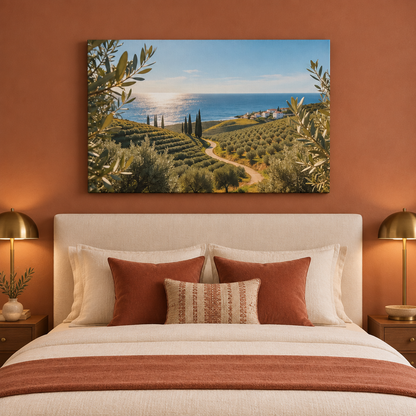 Mediterranean olive grove coastal landscape canvas above an ivory bed in a terracotta bedroom - Portugal Canvas Co
