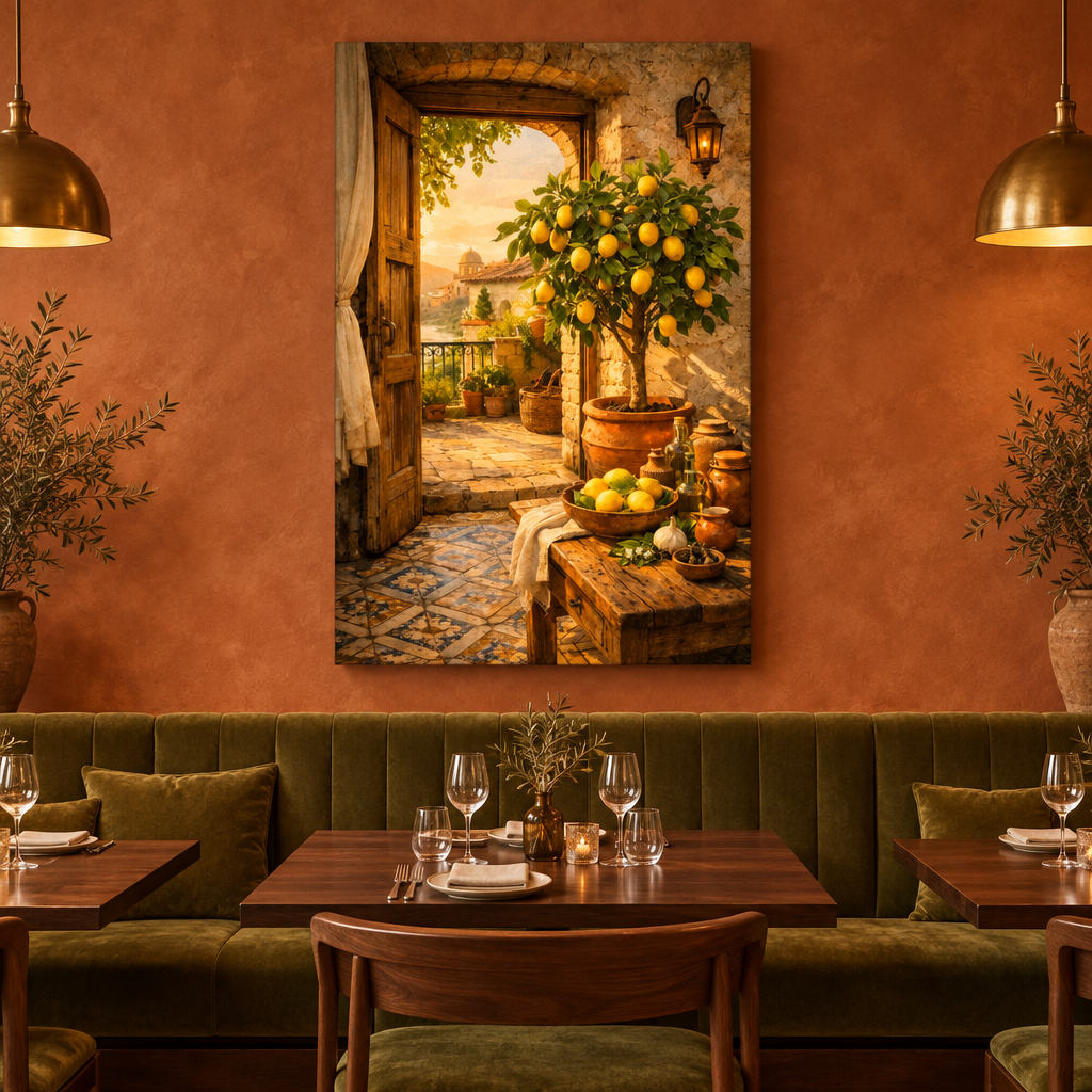 Mediterranean lemon tree and rustic doorway canvas above an olive banquette in a terracotta restaurant dining room - Portugal Canvas Co