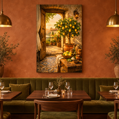 Mediterranean lemon tree and rustic doorway canvas above an olive banquette in a terracotta restaurant dining room - Portugal Canvas Co