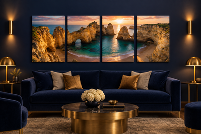 Four-panel Ponta da Piedade Algarve sunset canvas in a luxury midnight-indigo living room above a navy sofa with warm brass lamps - Portugal Canvas Co