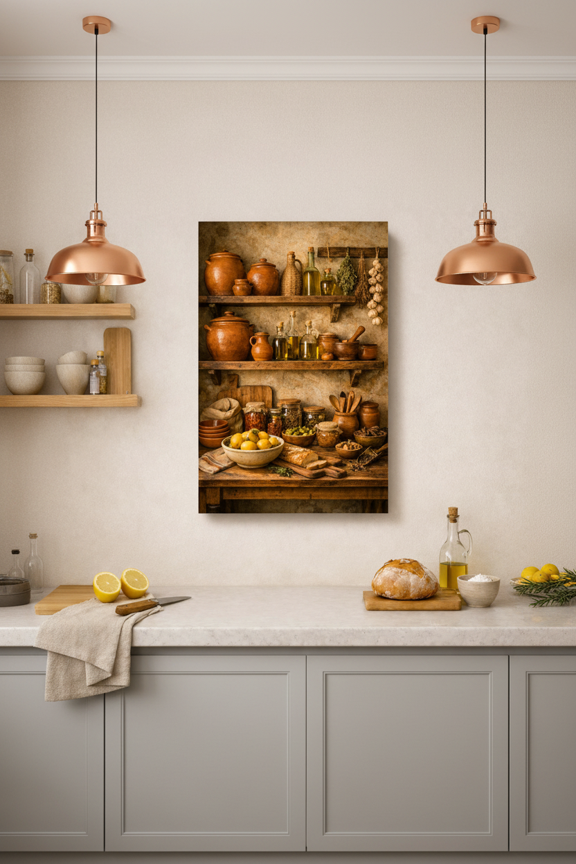 Mediterranean kitchen rustic pantry shelves canvas wall art displayed in a bright modern kitchen interior - Portugal Canvas Co