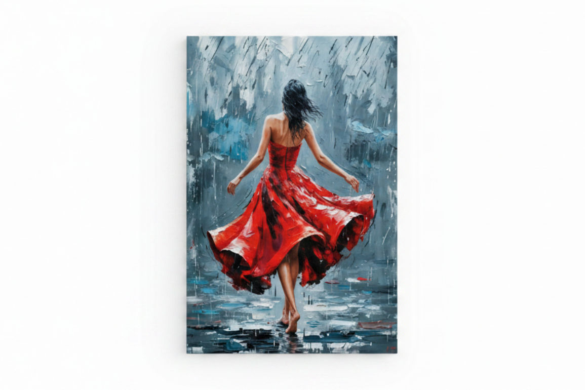 Female flamenco dancer red dress canvas wall art flat lay on white background top-down view - Portugal Canvas Co