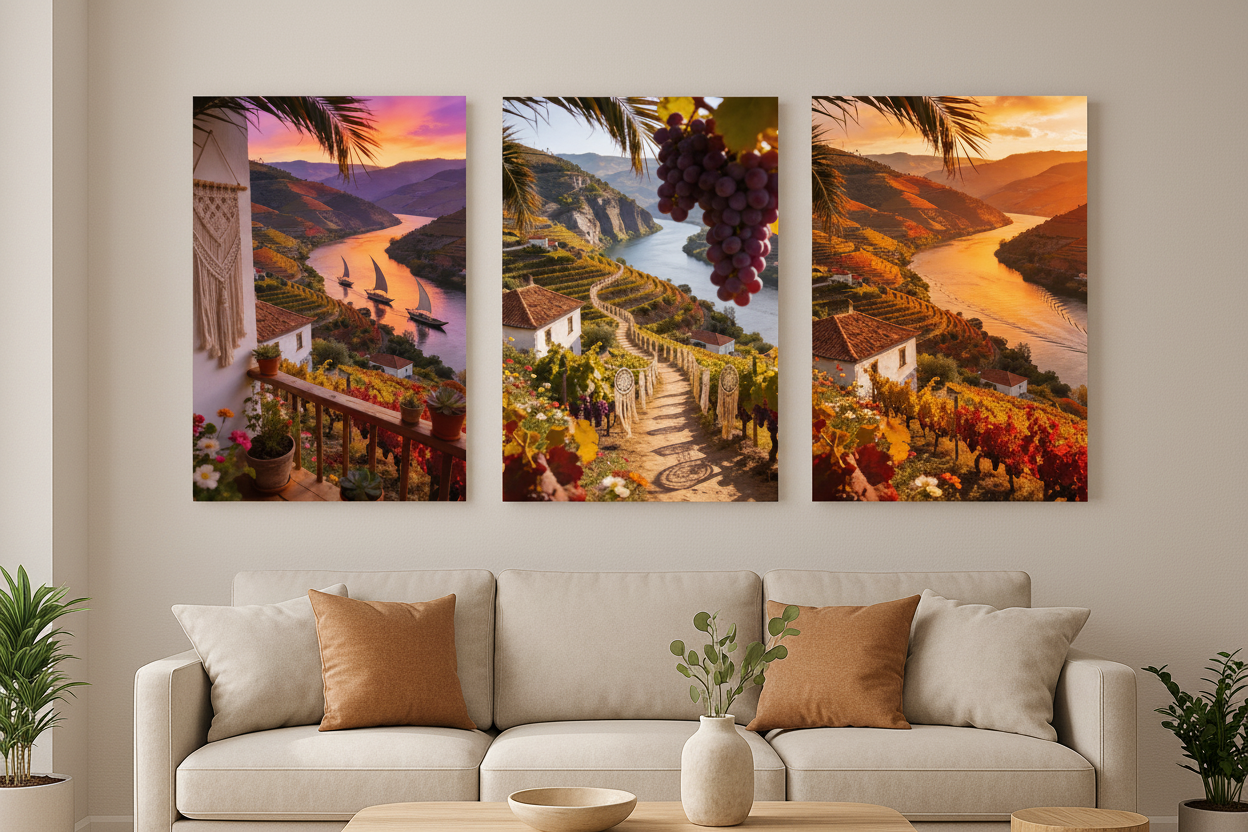 Douro Valley vineyard triptych canvas wall art set displayed as a statement gallery wall in a modern living room - Portugal Canvas Co