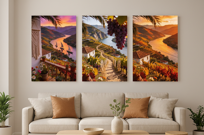 Douro Valley vineyard triptych canvas wall art set displayed as a statement gallery wall in a modern living room - Portugal Canvas Co