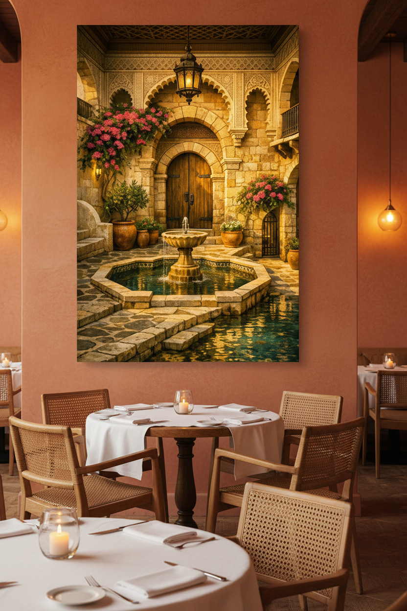 Moorish courtyard fountain canvas wall art displayed on a terracotta wall in a Mediterranean restaurant with rattan chairs and candlelight - Portugal Canvas Co
