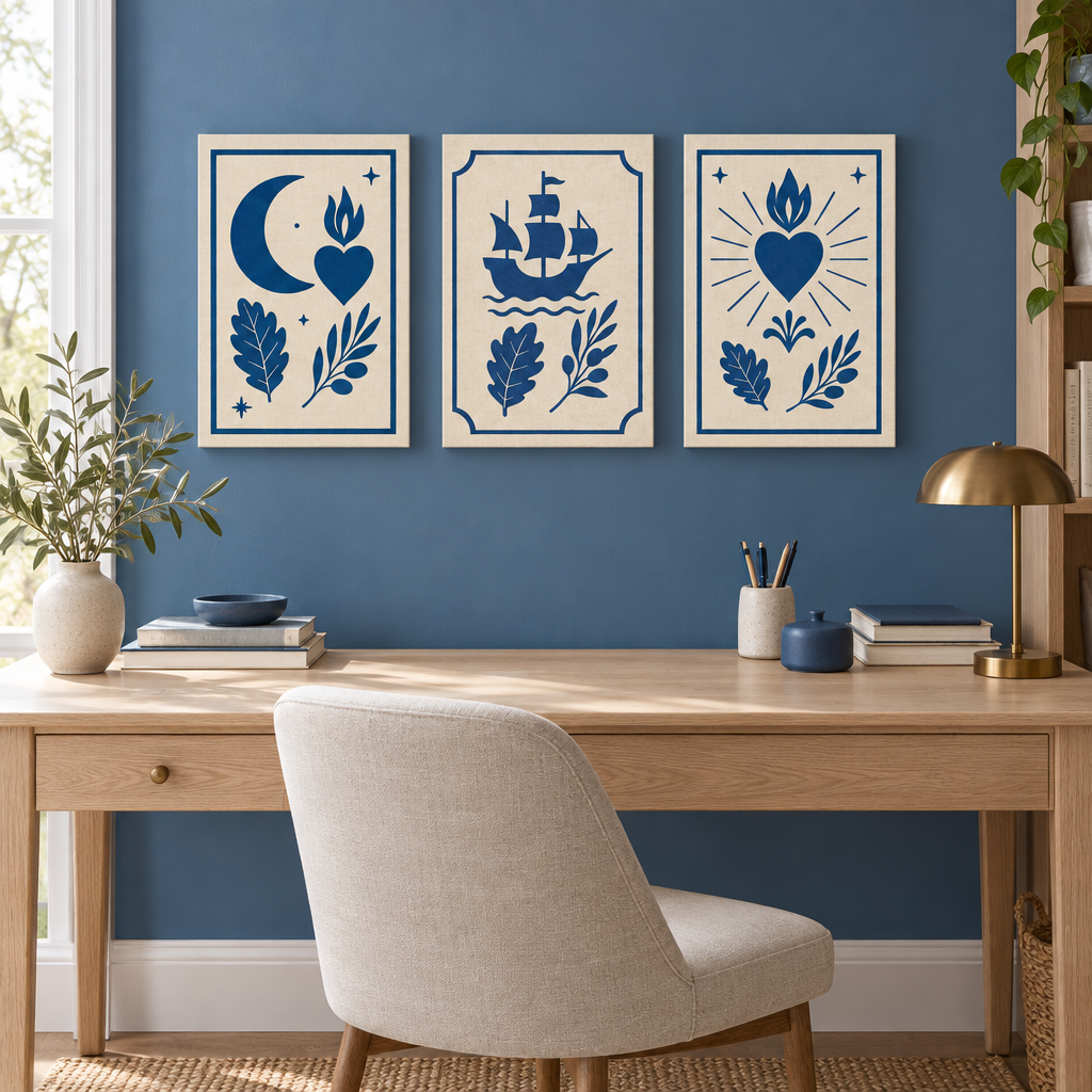 Moon ship and heart navy folk art triptych above a blue-walled home office desk - Portugal Canvas Co
