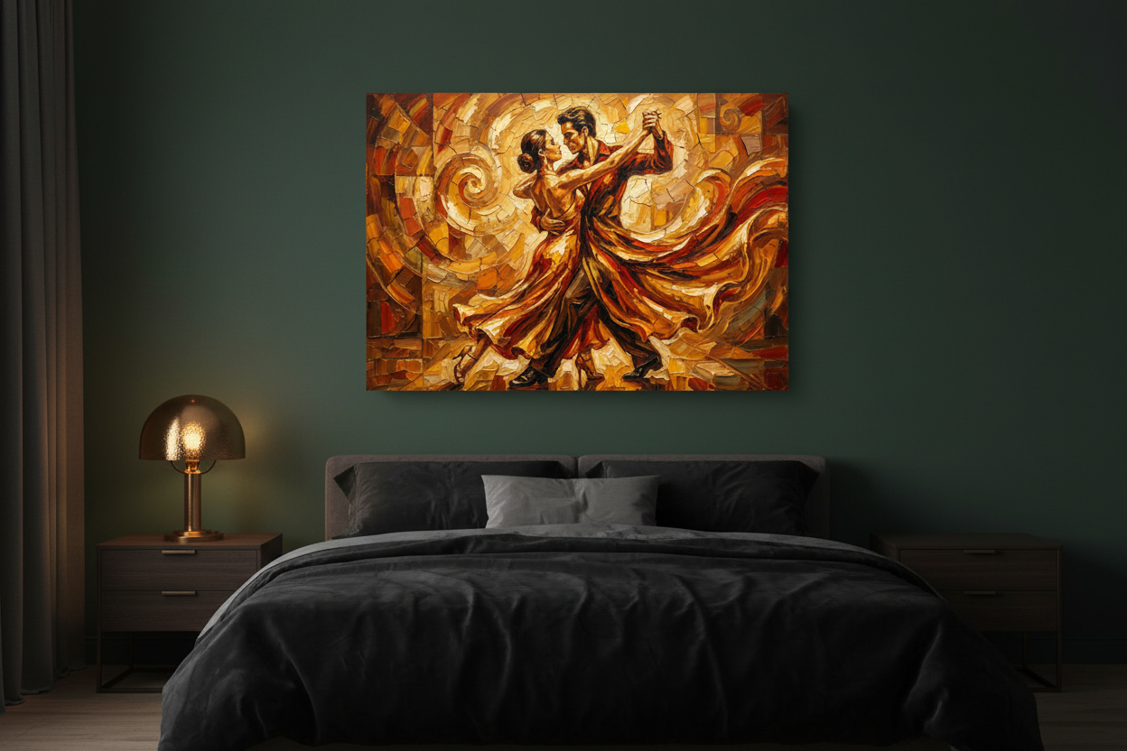 Passionate tango couples dance canvas wall art on a forest green wall in a dramatic moody bedroom with gold lamp - Portugal Canvas Co