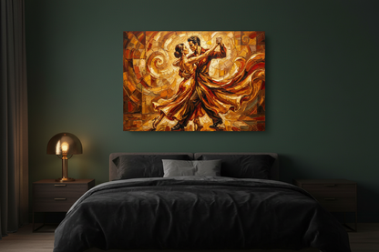 Passionate tango couples dance canvas wall art on a forest green wall in a dramatic moody bedroom with gold lamp - Portugal Canvas Co