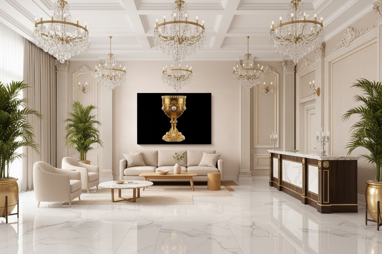 Golden Holy Grail chalice canvas wall art displayed on the feature wall of a grand luxury hotel reception lobby with marble floors and crystal chandeliers - Portugal Canvas Co