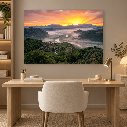 Golden valley sunrise canvas above a pale oak desk in a neutral greige office - Portugal Canvas Co