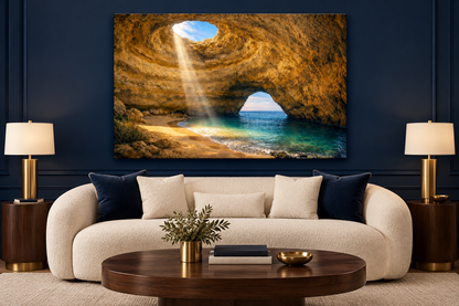 Benagil sea cave landscape canvas displayed in a navy living room - Portugal Canvas Co