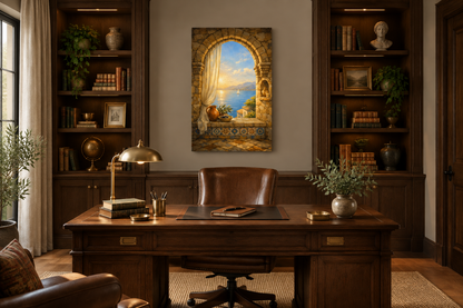 Mediterranean sunset archway canvas wall art above a leather desk chair in a refined home office study - Portugal Canvas Co