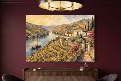 Douro Valley vineyard and quinta canvas above a sideboard in a burgundy dining room - Portugal Canvas Co