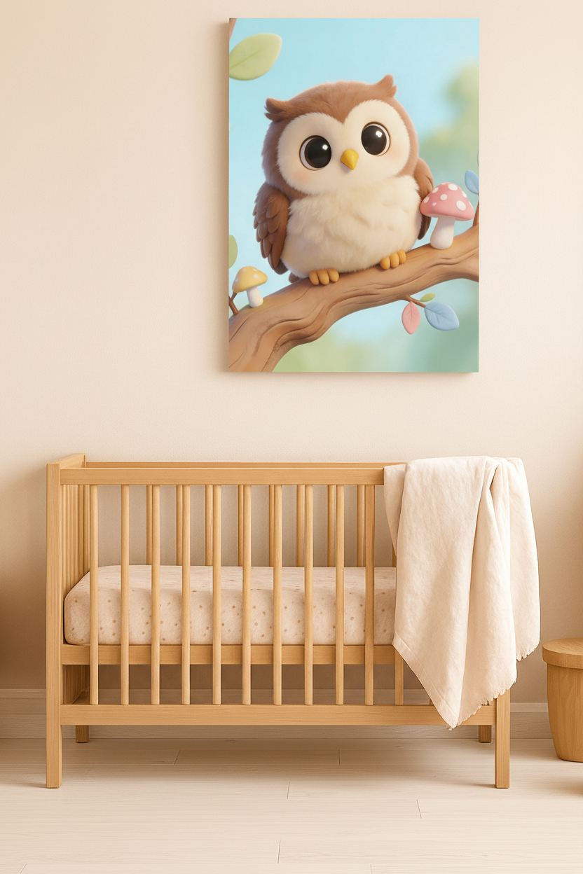 Cute baby owl nursery canvas wall art displayed above a white crib in a Scandinavian nursery - Portugal Canvas Co