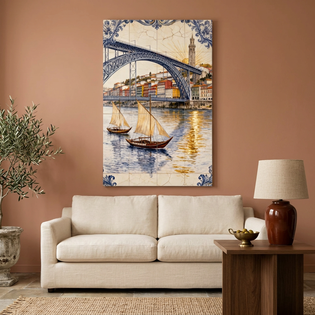 Porto bridge and sailboats azulejo-style canvas in a terracotta living room - Portugal Canvas Co