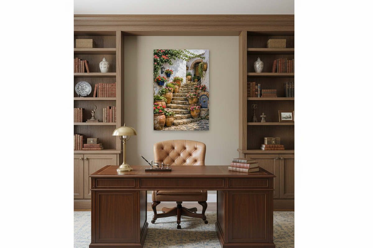 Mediterranean staircase canvas wall art above the desk in an elegant home office study with leather chair - Portugal Canvas Co