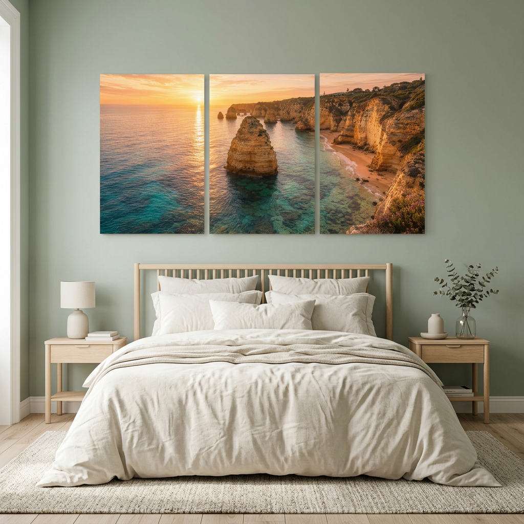 Algarve coastal sunset three-panel canvas above a bed in a sage green bedroom with pale oak furniture - Portugal Canvas Co