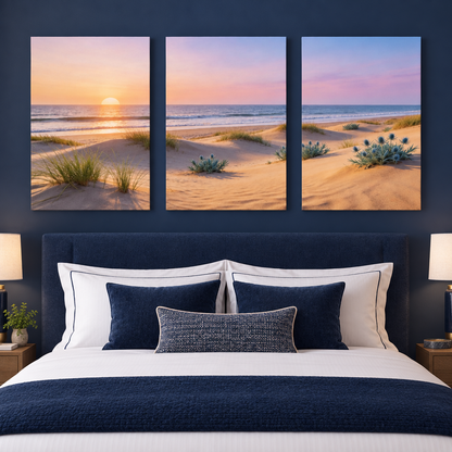 Three-panel beach sunset canvas art with dunes and sea in a navy boutique hotel bedroom - Portugal Canvas Co