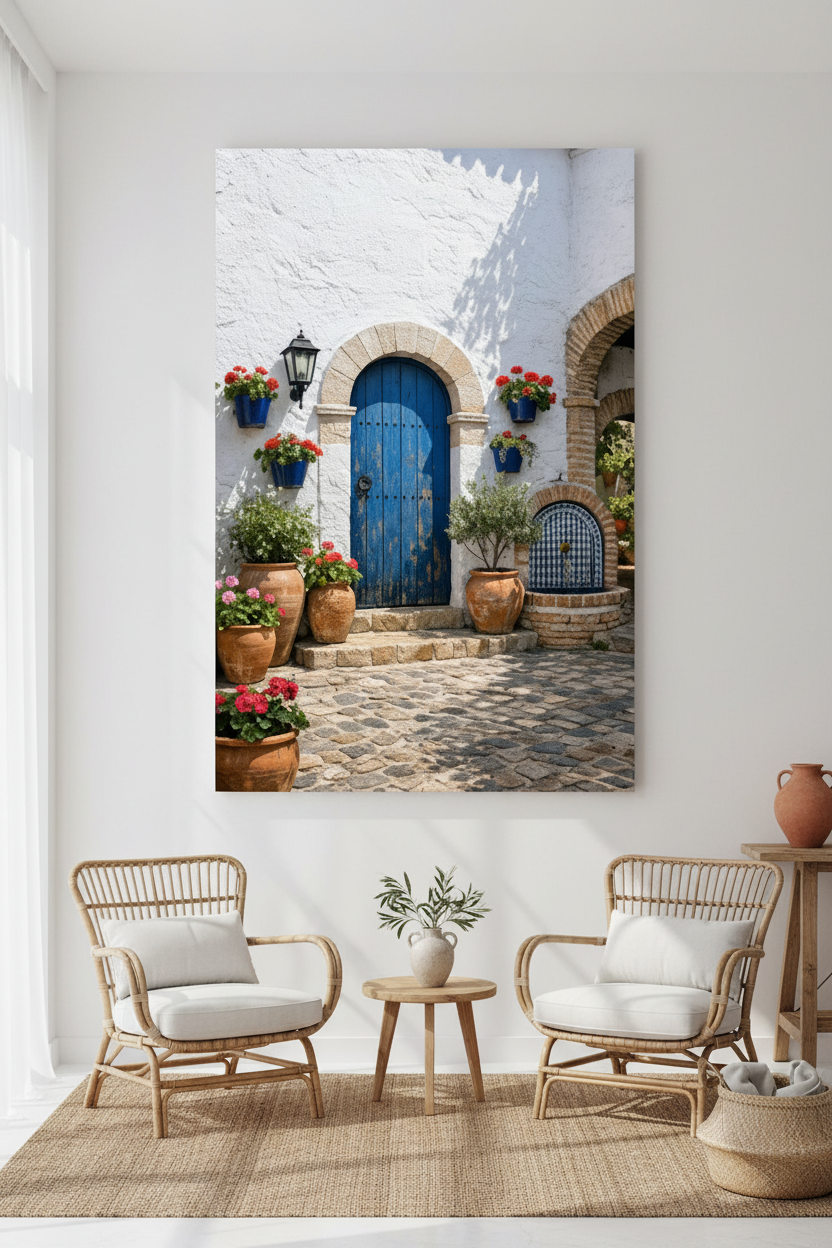 Mediterranean blue door courtyard canvas wall art with terracotta pots and red geraniums displayed in a bright boutique hotel lobby with rattan furniture and white walls - Portugal Canvas Co