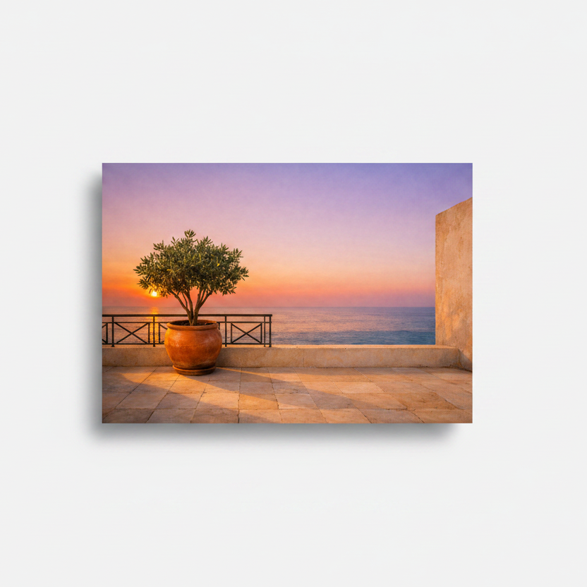 Mediterranean terrace at sunset coastal canvas wall art on white background - Portugal Canvas Co
