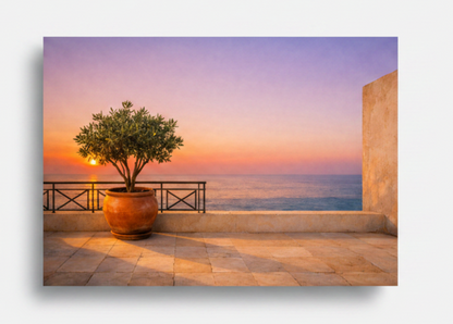 Mediterranean terrace at sunset coastal canvas wall art on white background - Portugal Canvas Co