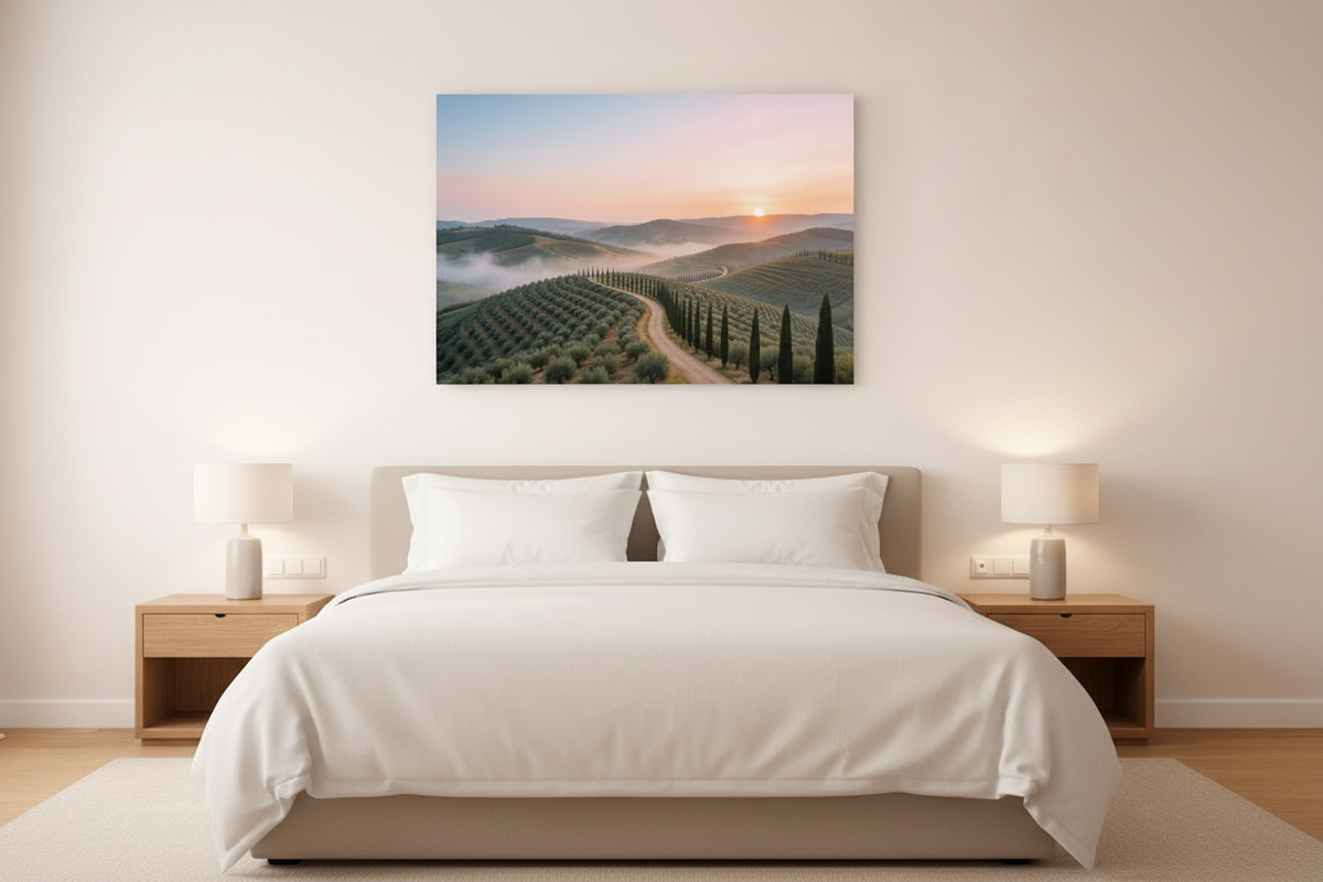 Tuscan sunrise landscape canvas wall art displayed above a king-size bed with white linen in a serene luxury hotel bedroom - Portugal Canvas Co