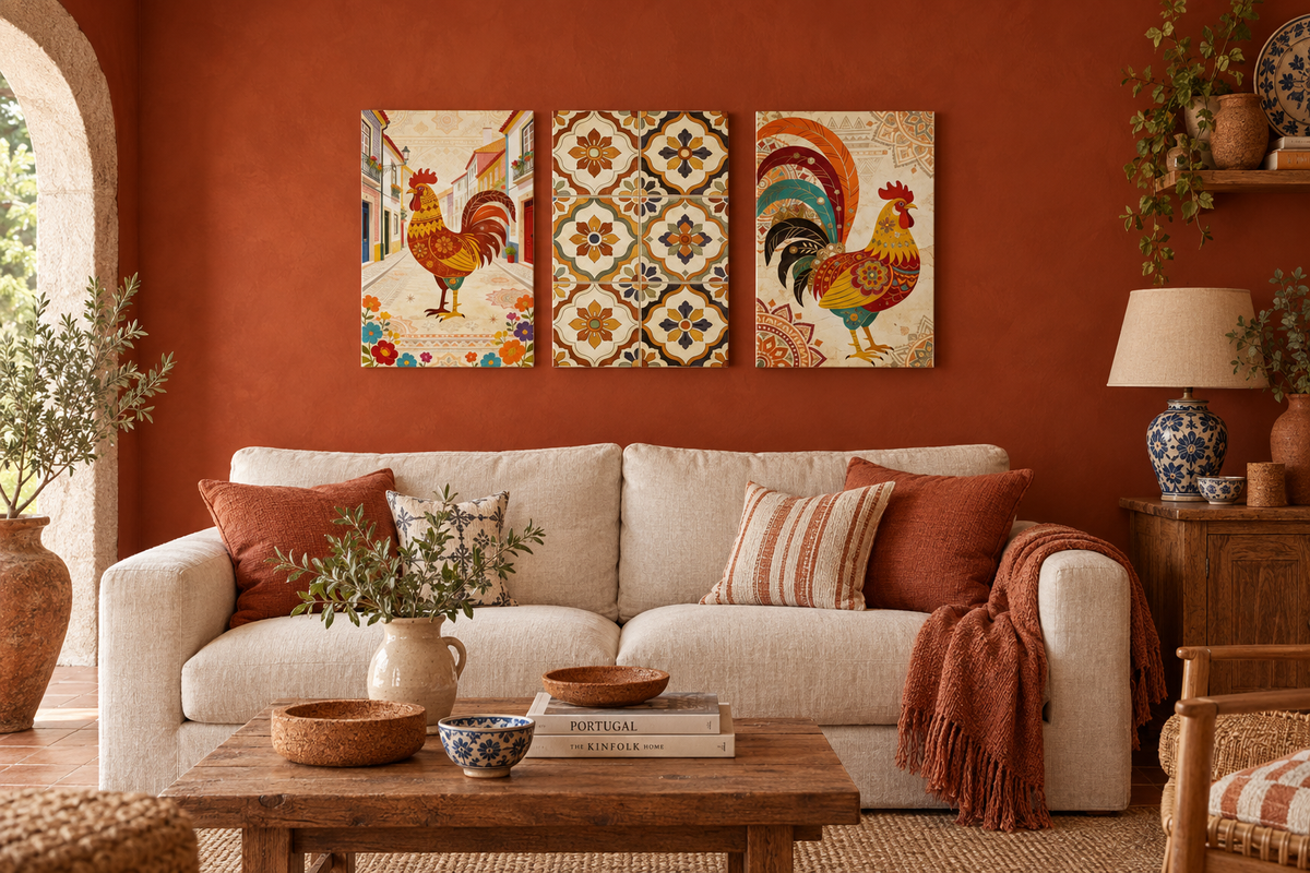 Portuguese Barcelos rooster and azulejo tile canvas triptych in a terracotta quinta living room - Portugal Canvas Co