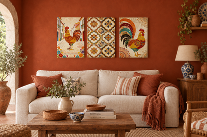 Portuguese Barcelos rooster and azulejo tile canvas triptych in a terracotta quinta living room - Portugal Canvas Co