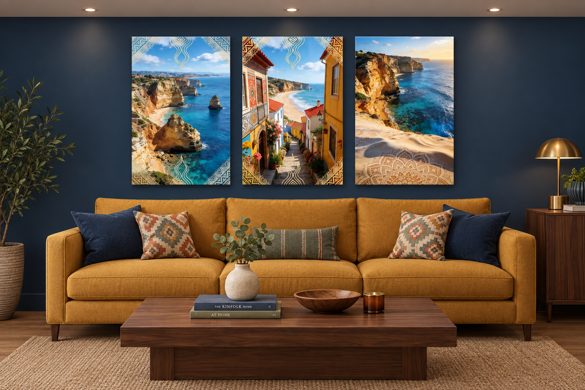 Portuguese coastal three-panel canvas artwork above a mustard sofa against a navy wall - Portugal Canvas Co